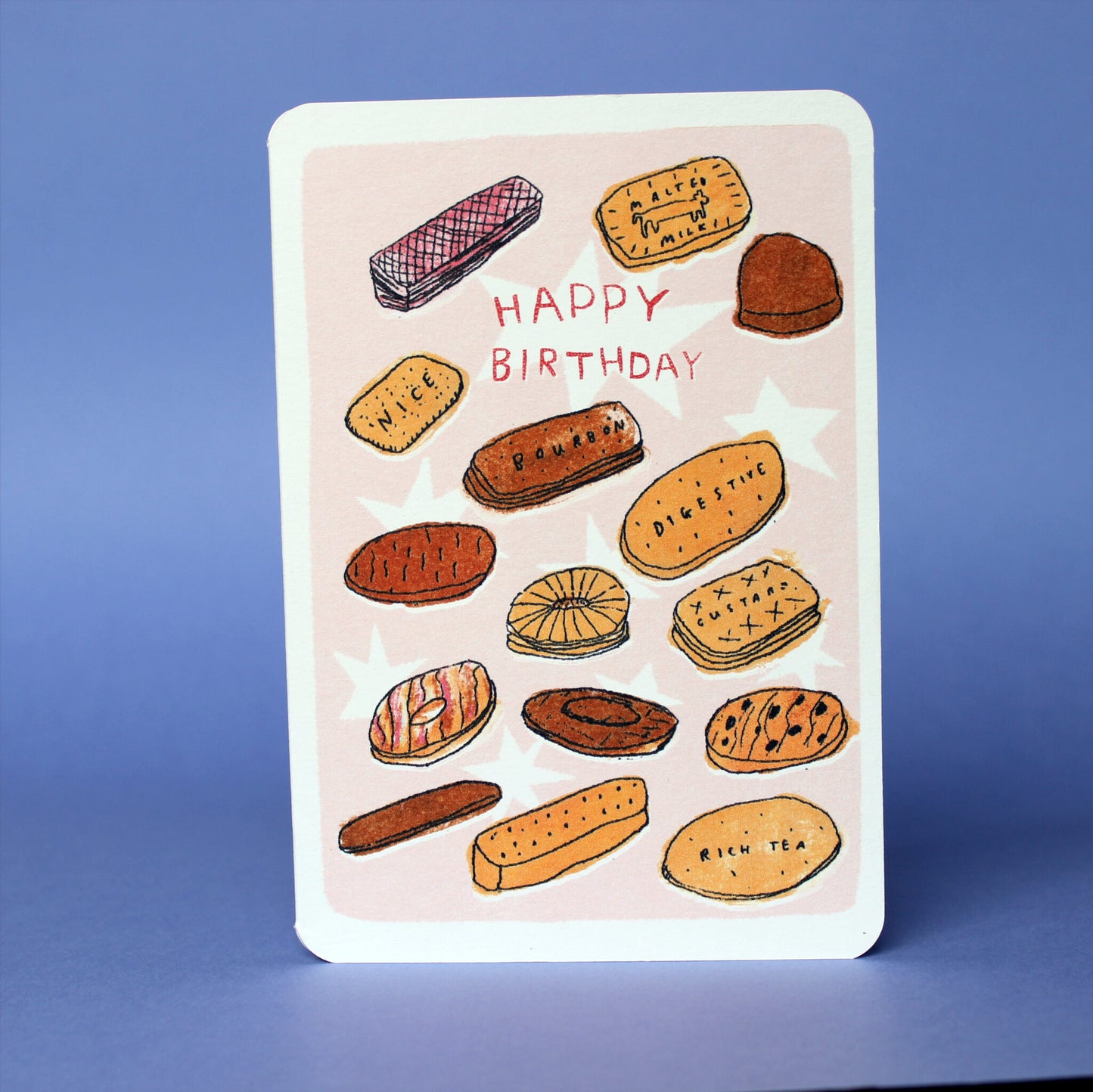 Birthday biscuits greeting card with cookie illustrations and red 'HAPPY BIRTHDAY'