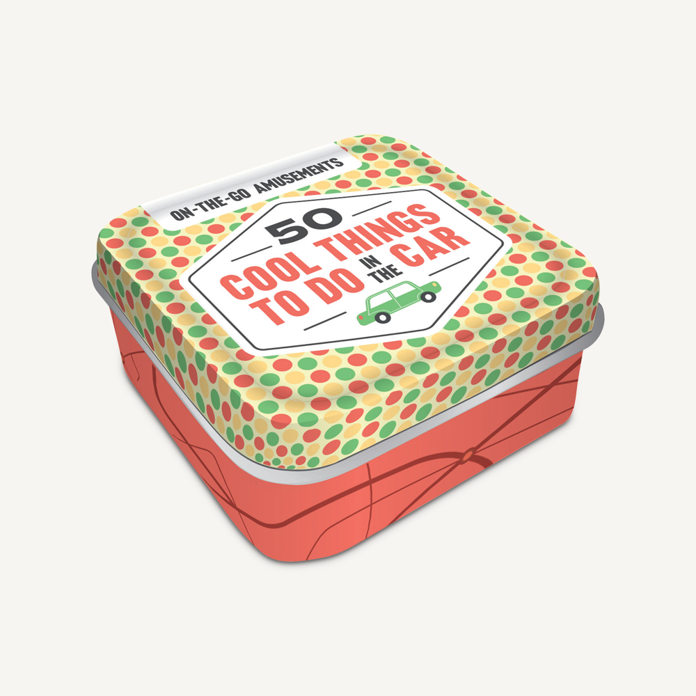 Decorative polka-dot tin box with “50 Cool Things to Do the Year” on the lid