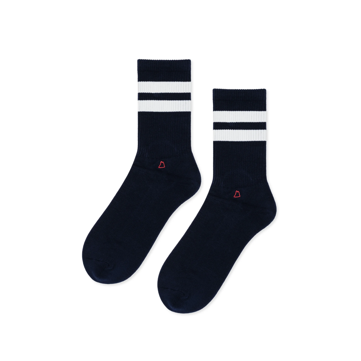 Men's crew sport socks in navy with white stripes, small red triangle logo at midfoot