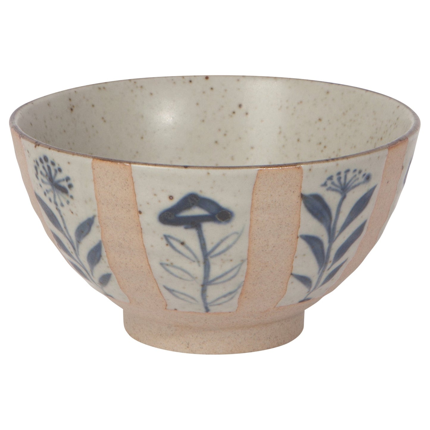 Small ceramic bowl with speckled beige glaze and blue sprig pattern