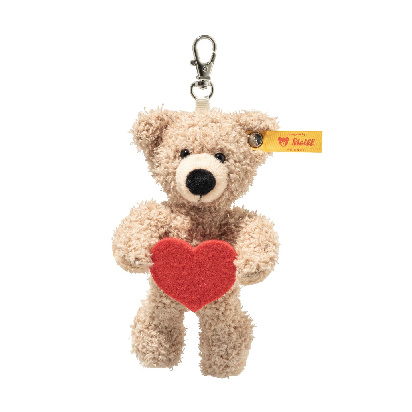 Teddy bear keyring with beige plush fur and red heart applique, metal clip