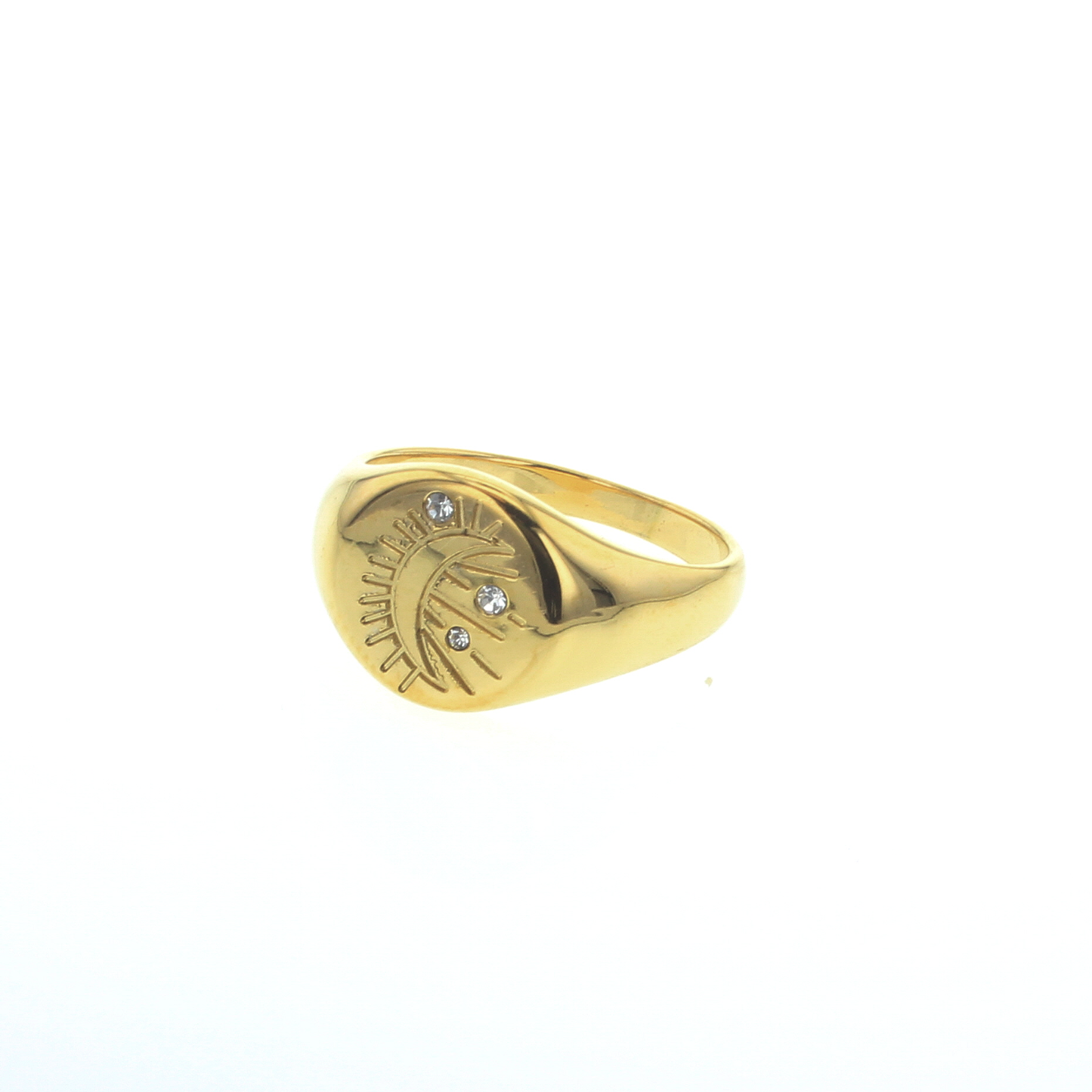 Gold-tone waterproof ring with dial/gear design and three rhinestone accents