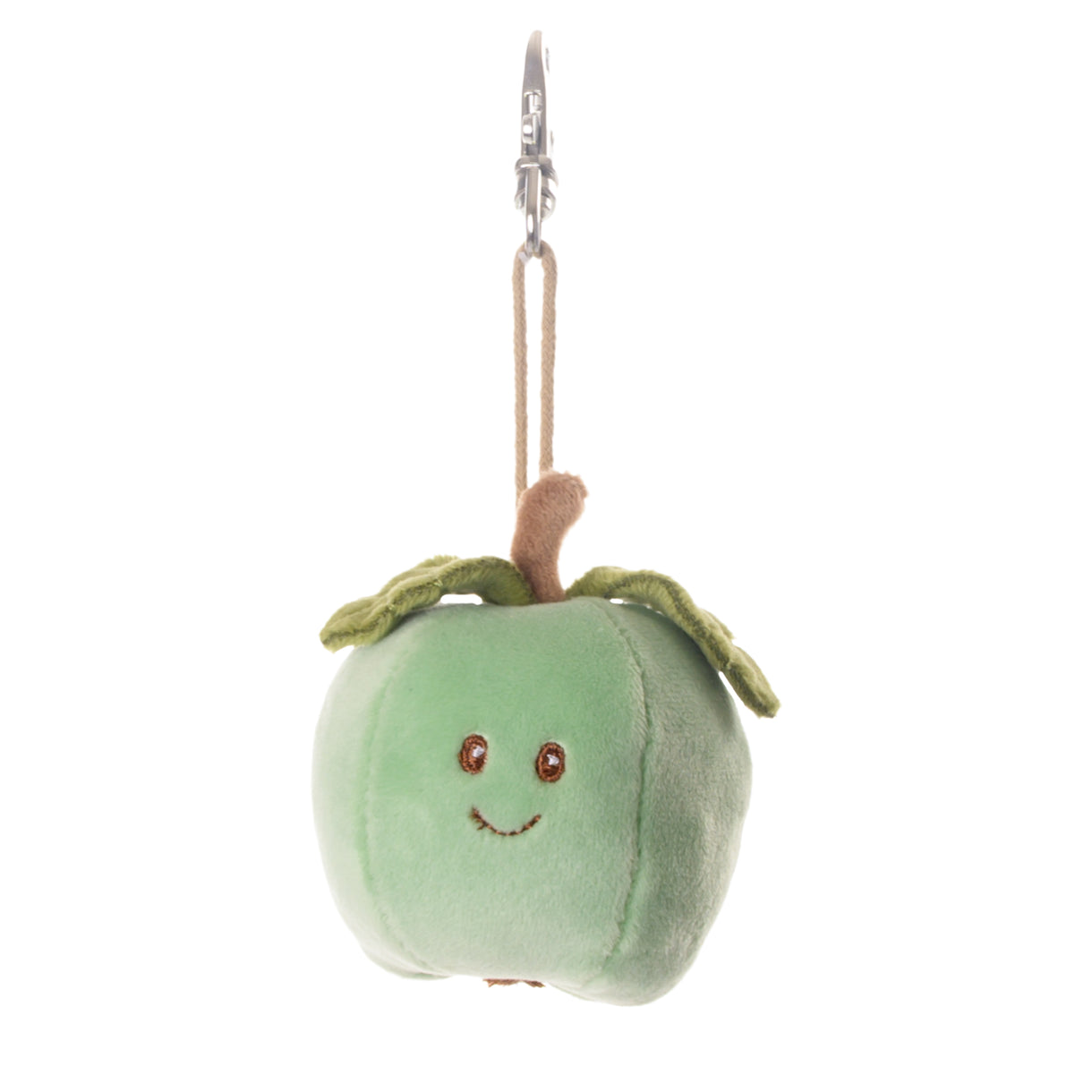 Green plush apple key ring with face, metal clasp and loop