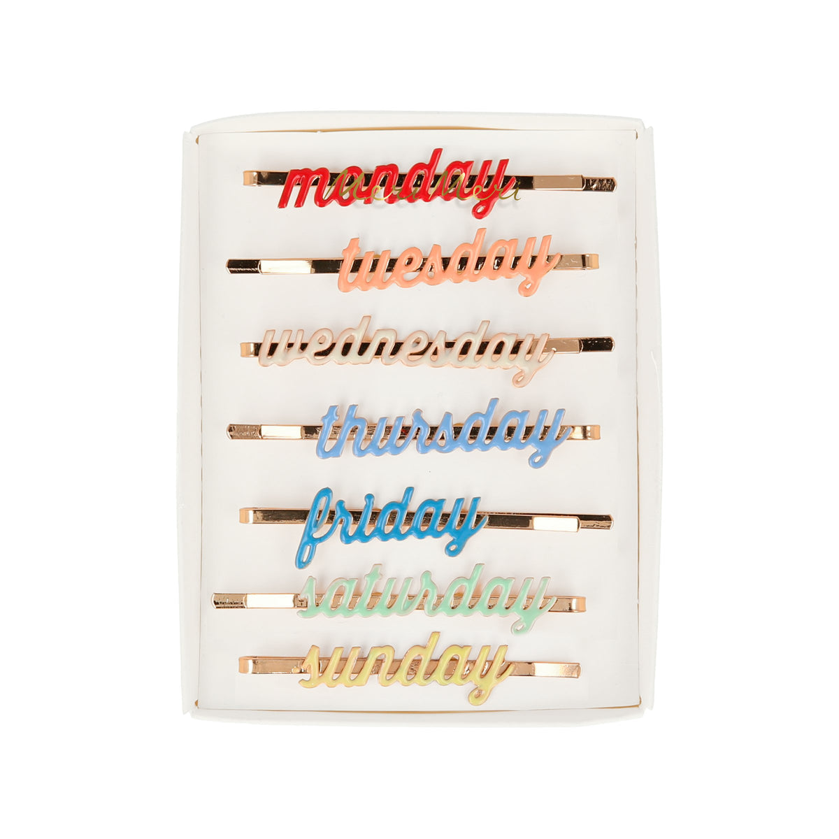 Enamel day of week hair slides with gold-tone clips and colorful word text