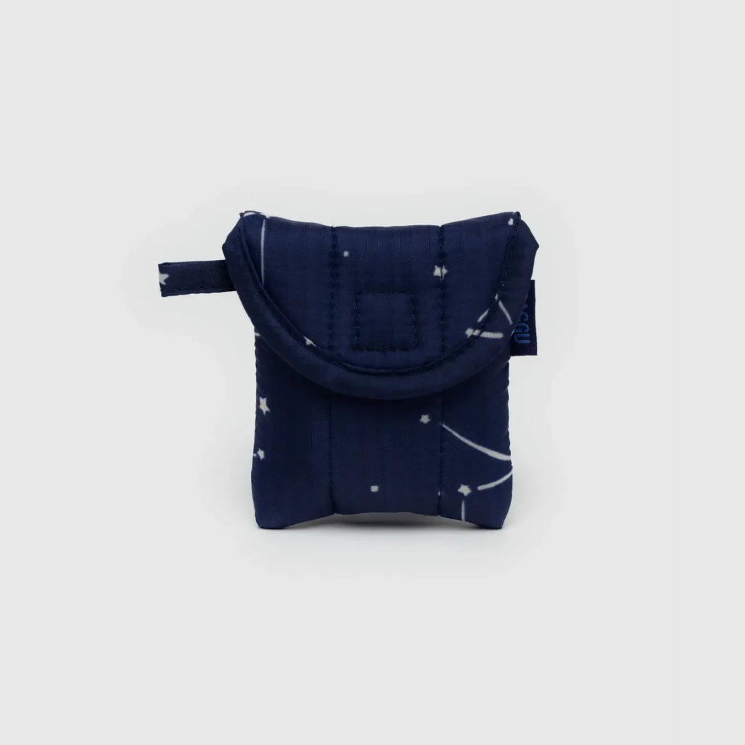 Dark navy puffy earbuds case with white constellation lines and stars print