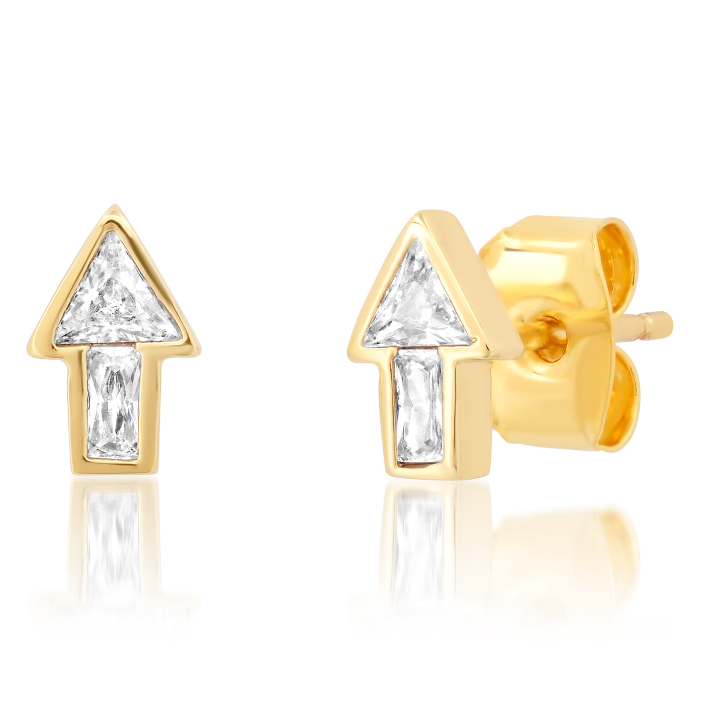 Gold-tone arrow-shaped stud earrings with triangular clear CZ stones