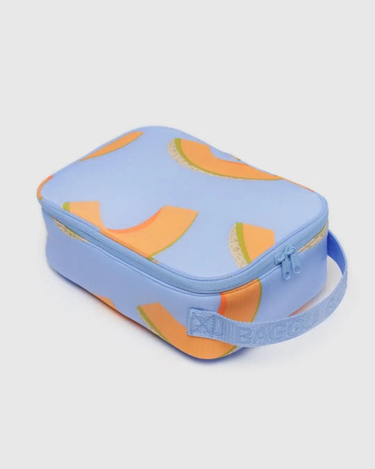 Light blue lunch bag with orange fruit pattern, zip top and carry handle.