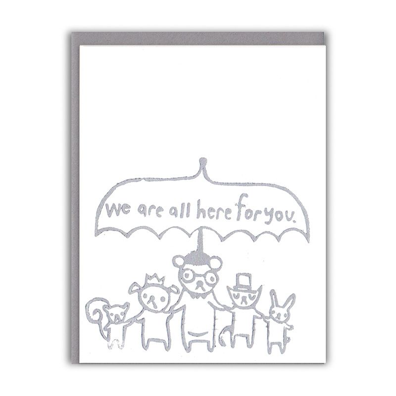 Sympathy card with gray umbrella animal line art and text 'We are all here for you'