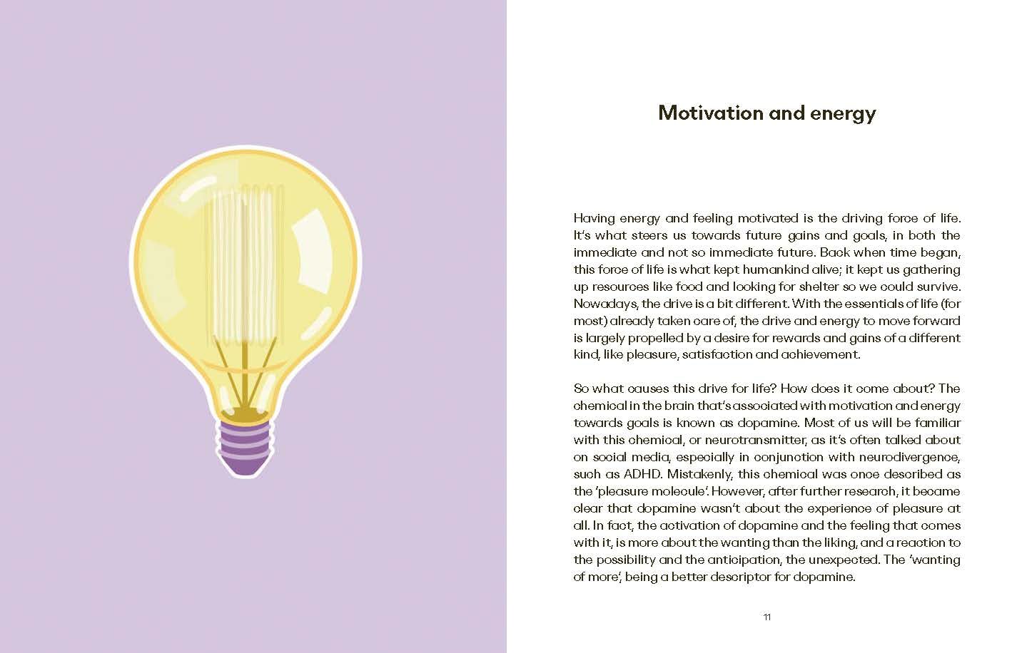 Energy book open pages with lightbulb graphic and 'Motivation and energy' text