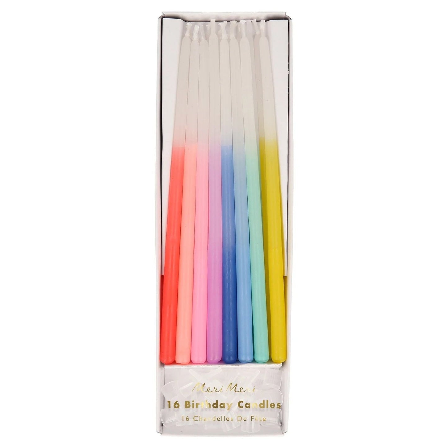 Set of 16 tapered party candles with rainbow red, pink, blue, green, yellow colors