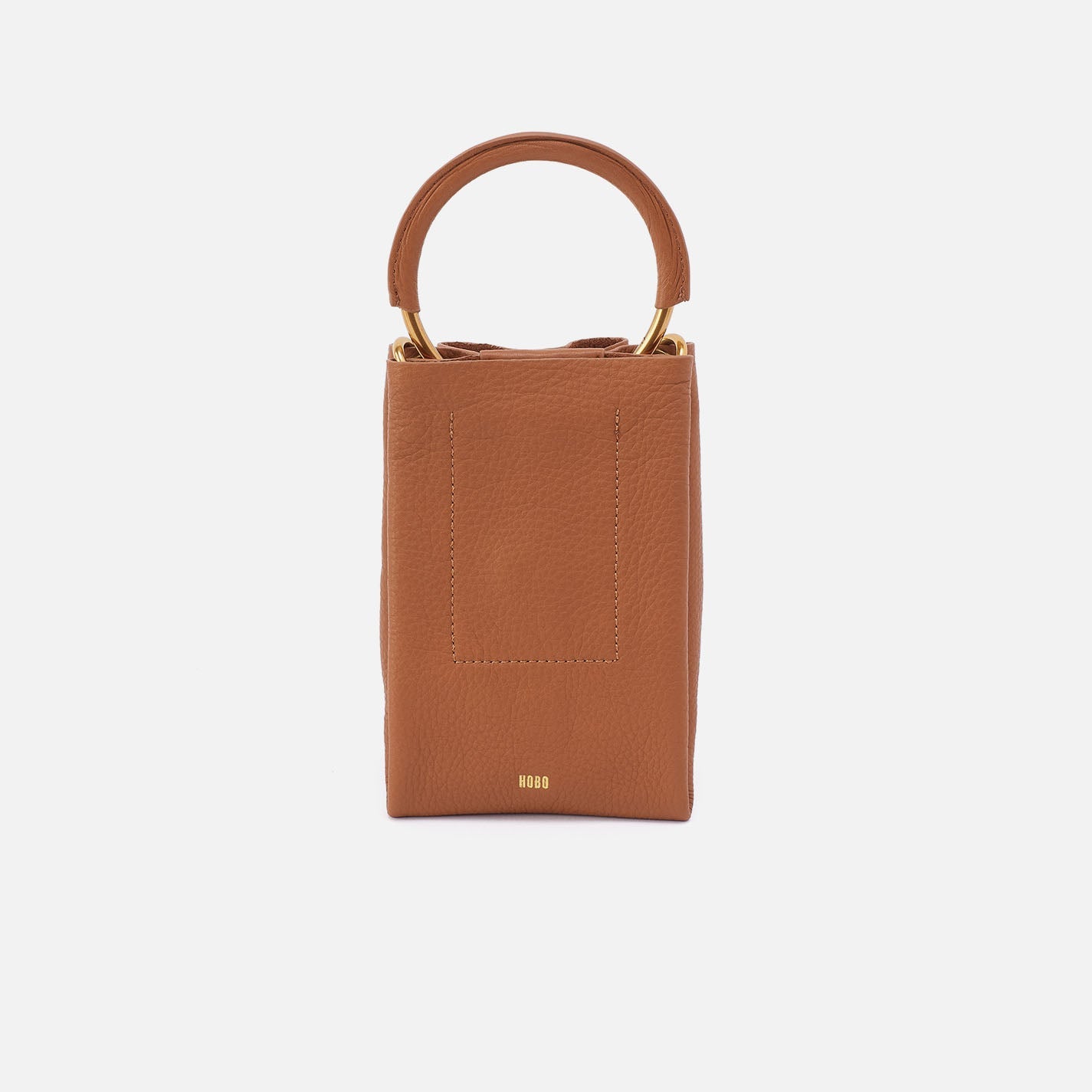 Warm honey phone crossbody bag with gold hardware, top handle, and front pocket.