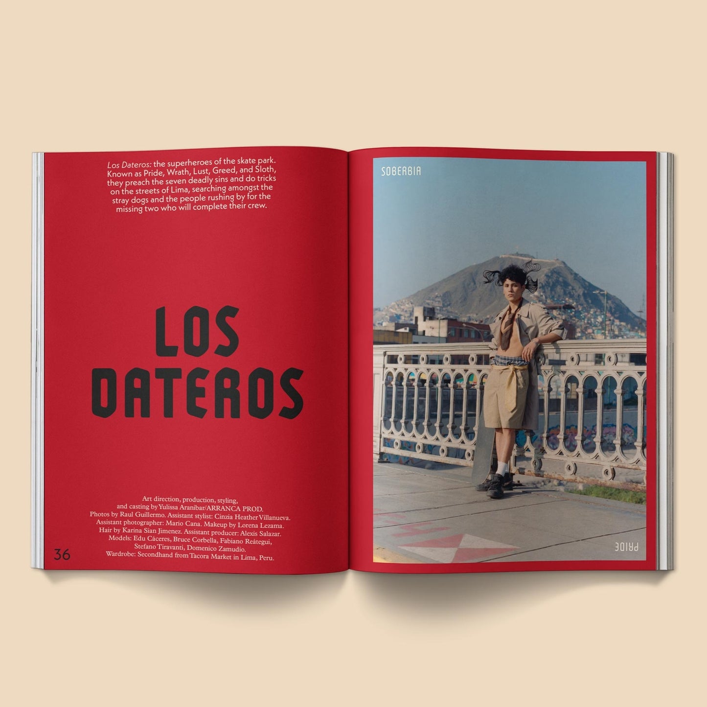 Open magazine spread with large red title text and a full-page outdoor portrait