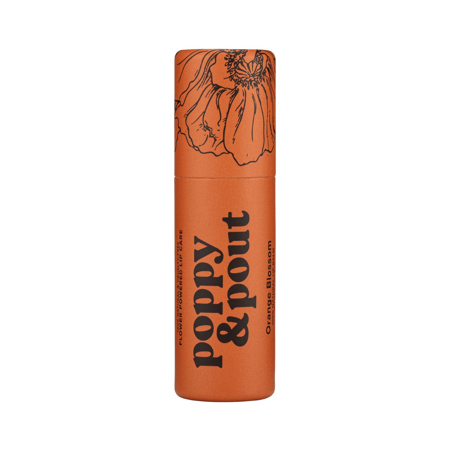 Orange lip balm tube with decorative floral top and bold typography label