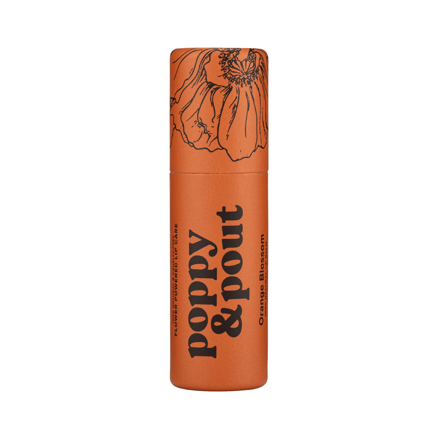Orange lip balm tube with decorative floral top and bold typography label