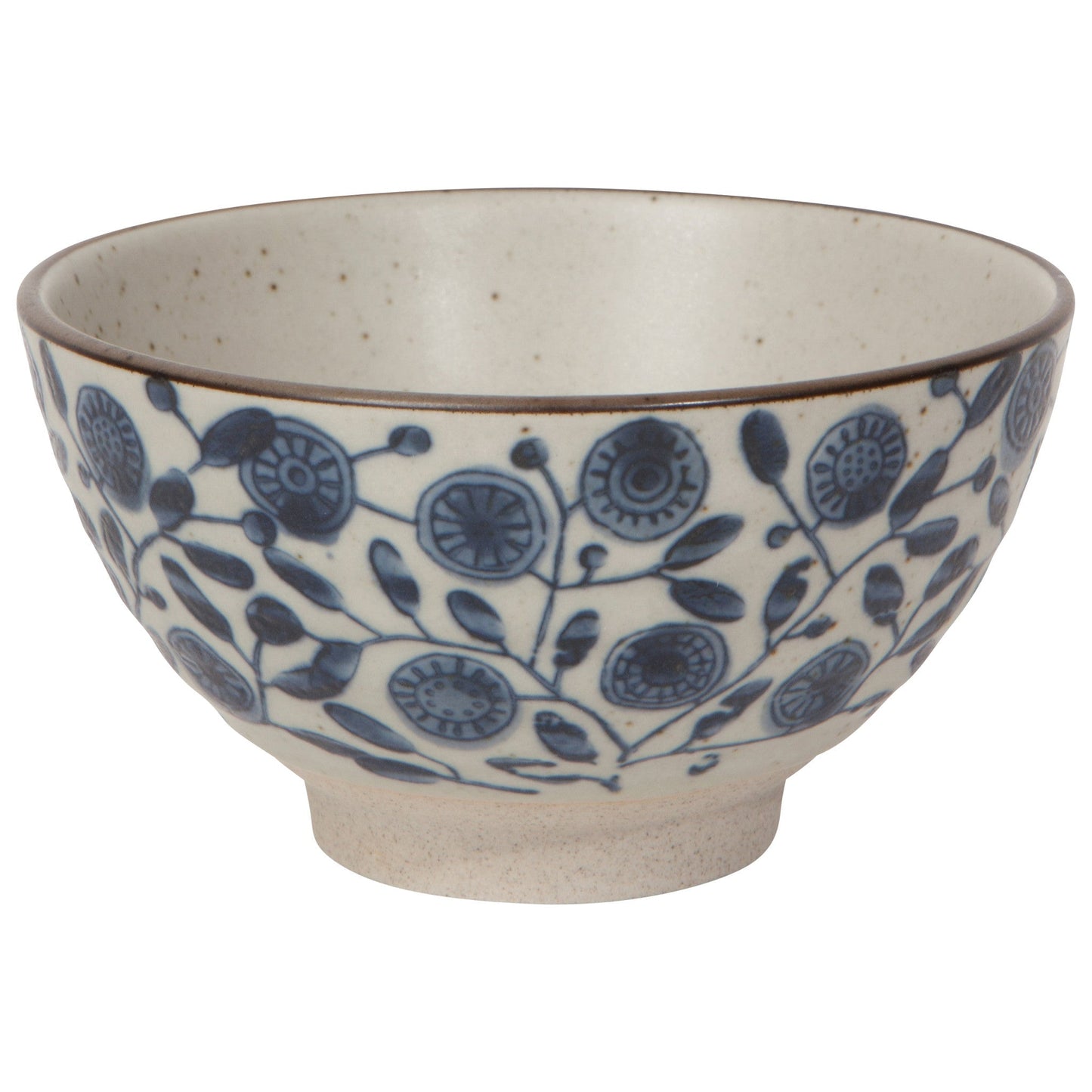 Small ceramic bowl with blue floral pattern and speckled beige finish