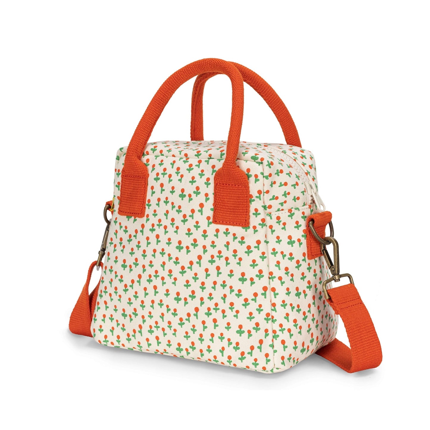 Lunch clutch bag with Tiny Roses pattern, white fabric and orange crossbody strap