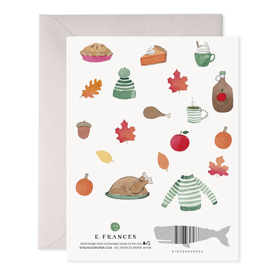 Thanksgiving card with fall icons, “E. Frances” name, and barcode