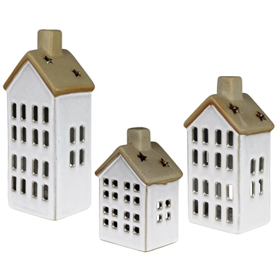 Ceramic house tealight holder set/3: white houses with tan roofs and star accents