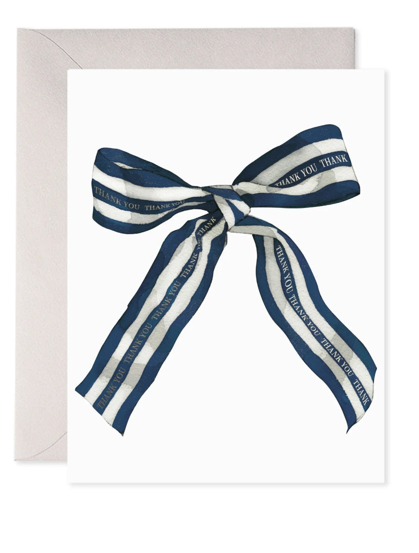 Navy striped bow thank-you card with two ribbon streamers on white front