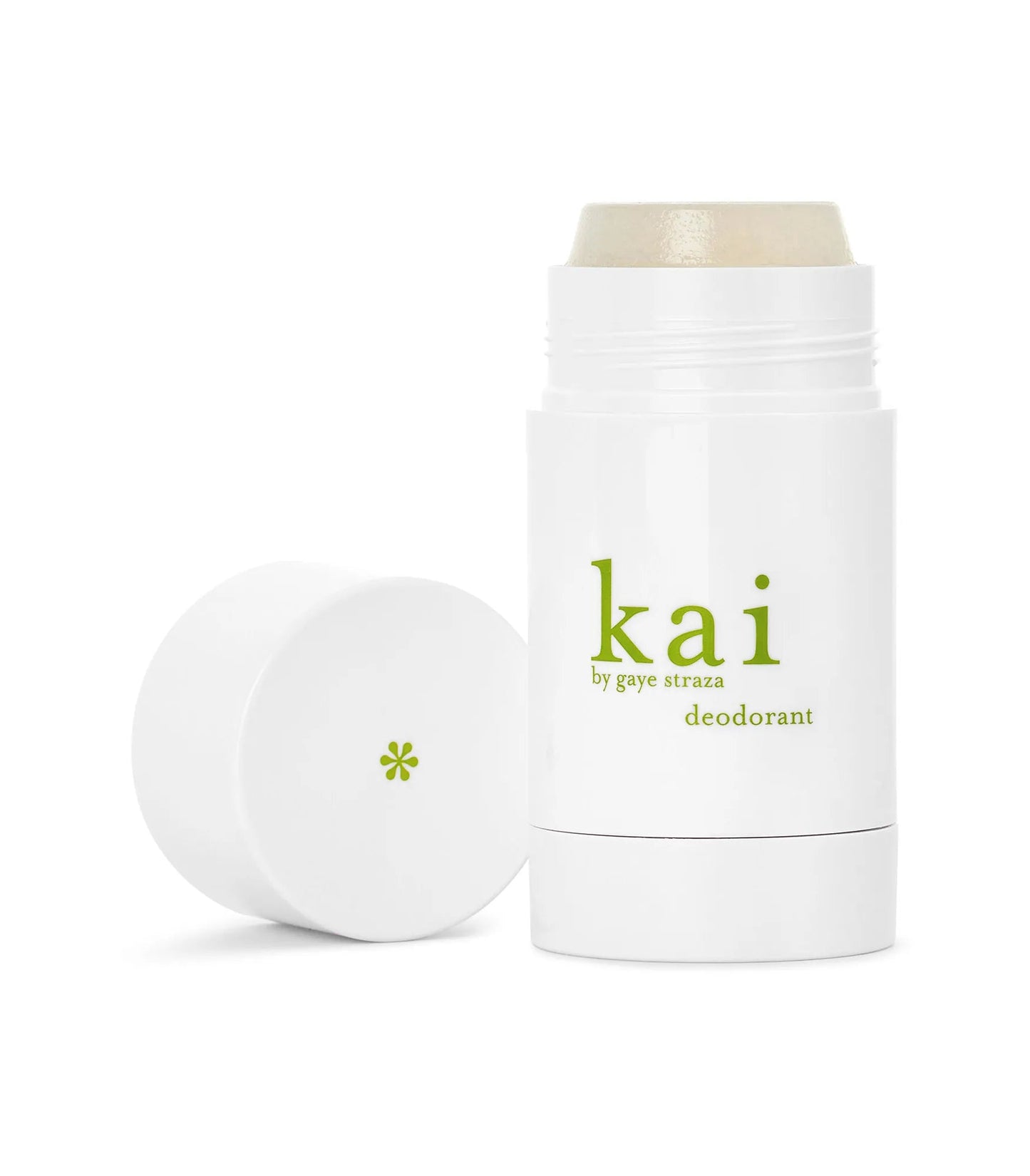 Kai deodorant stick, 2 oz, white container with green logo and round base