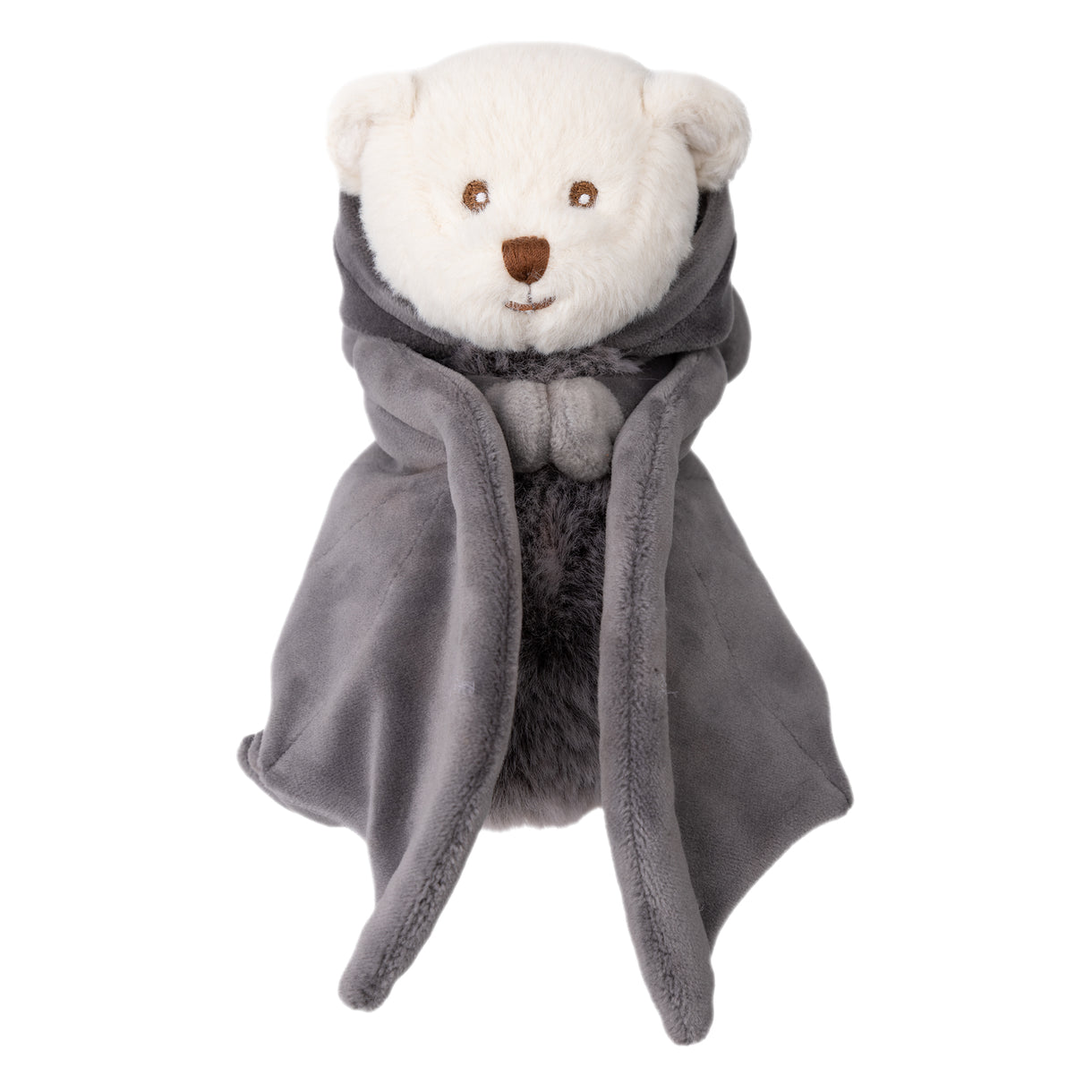 Gray plush bat hooded stuffed animal with a white face and pointy ears