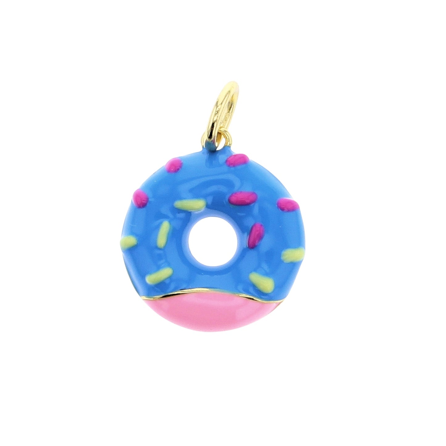 Donut-shaped charm with gold bail, blue top, pink base, colorful sprinkle dots