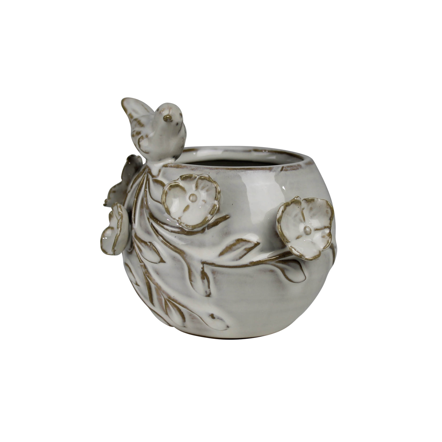 Ceramic vase with bird figurine and floral heart relief, glossy white and gold