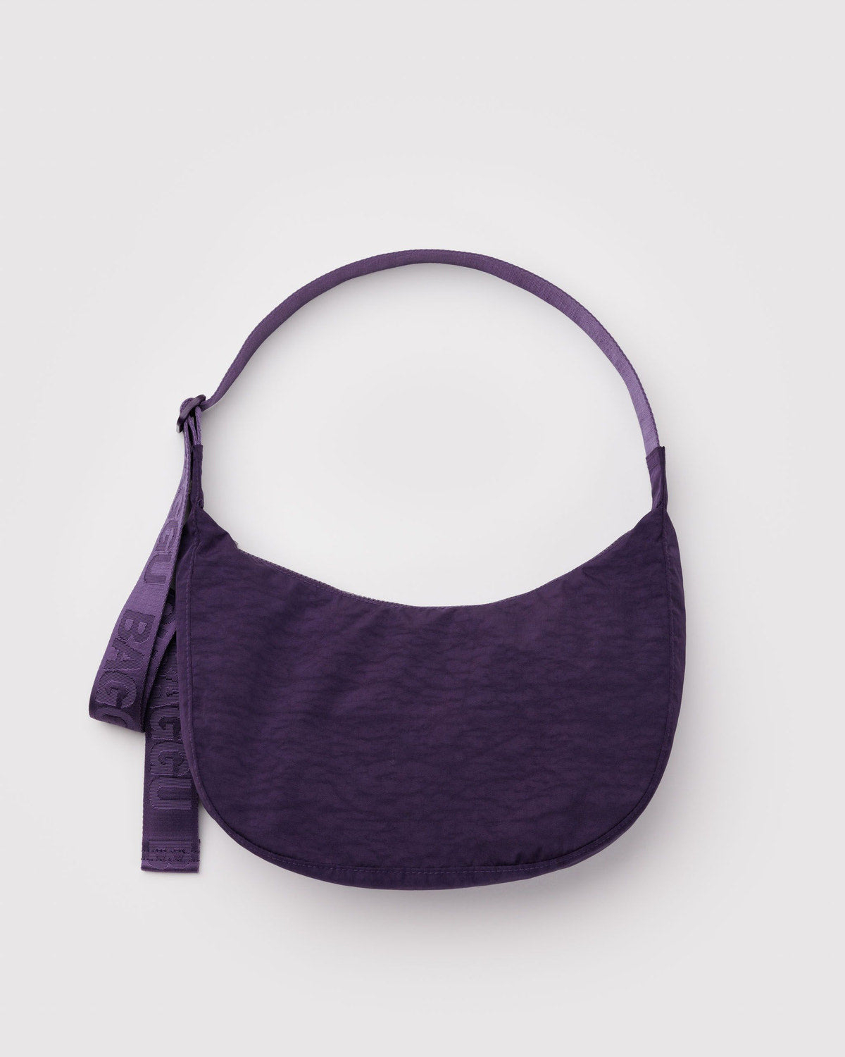 Medium crescent nylon bag, dark purple with logo webbing strap and d-ring