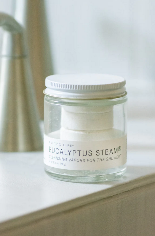 Eucalyptus Steam mini jar with white lid, clear glass container of shower vapor cubes