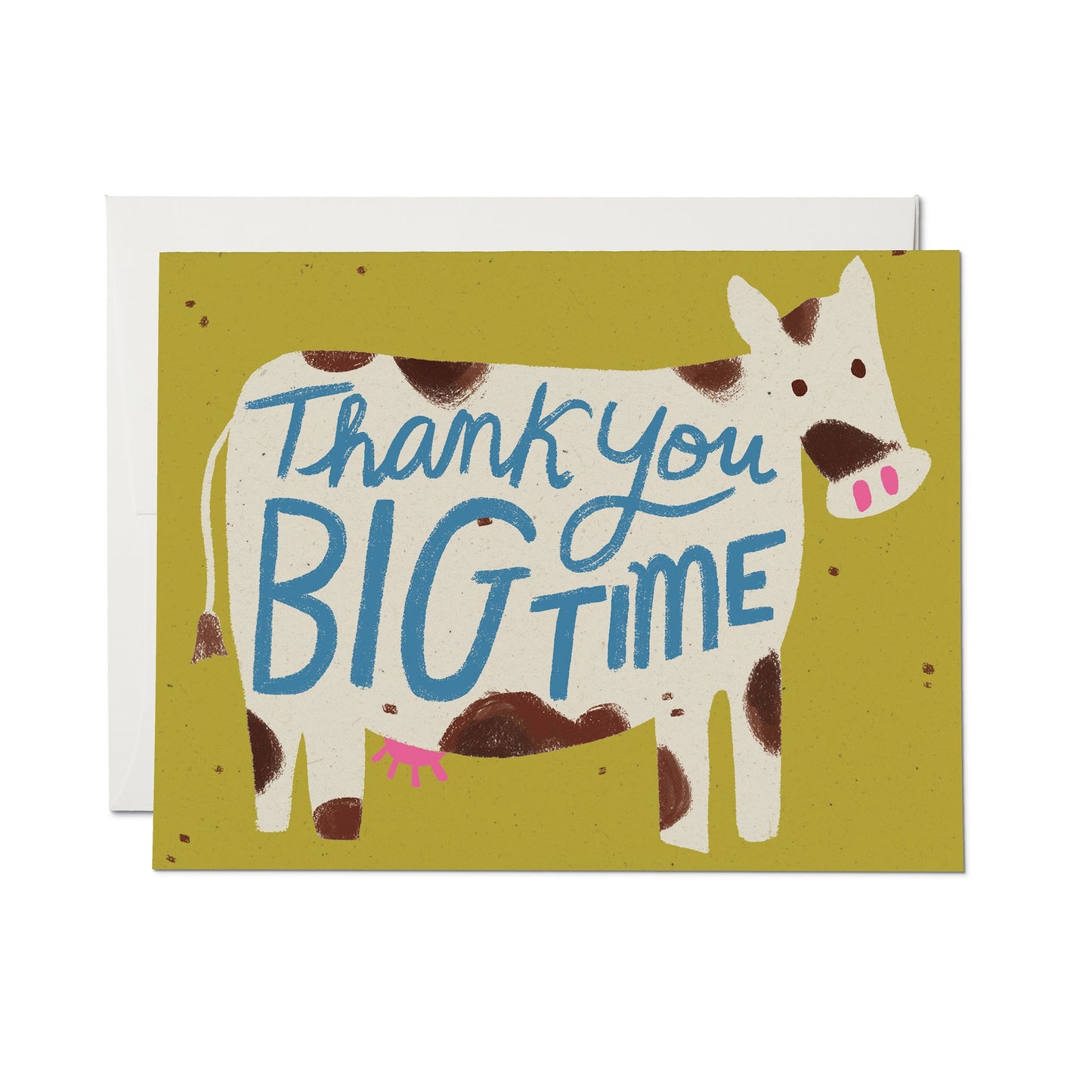 Thank you greeting card with cow illustration and blue text "Big Time" on olive background