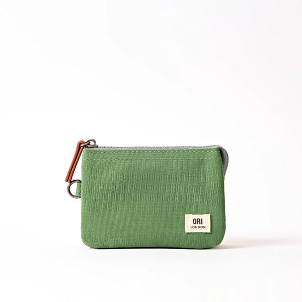 Small canvas zipper pouch, green with tan zipper pull and ORI London patch
