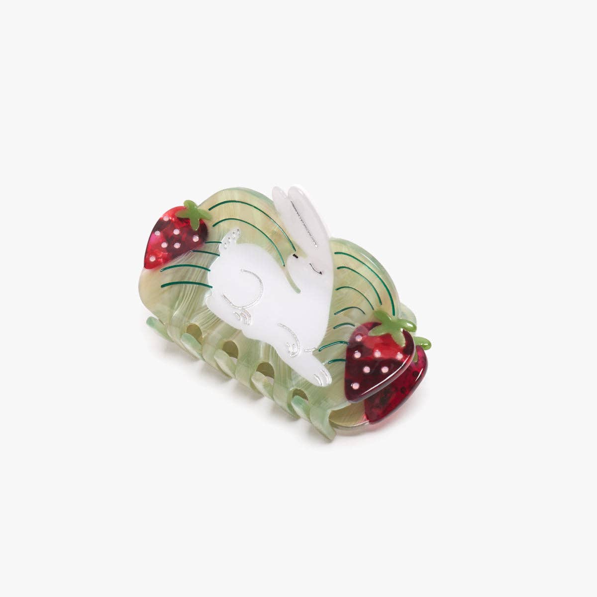 Strawberry rabbit hair claw with mint green translucent comb and white rabbit face