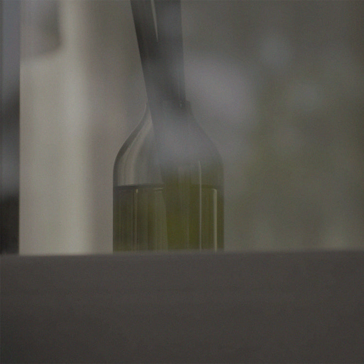 Close-up of reed diffuser glass neck with several black reeds