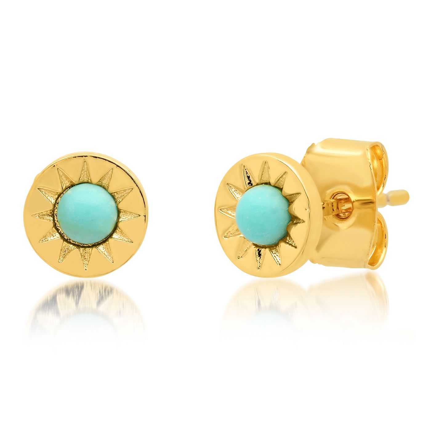 Gold stud earrings with round sunburst bezel and turquoise stone center