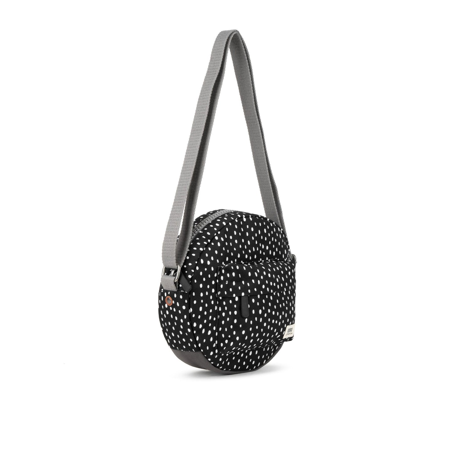 Recycled canvas crossbody bag, round black speckle pattern with gray adjustable strap