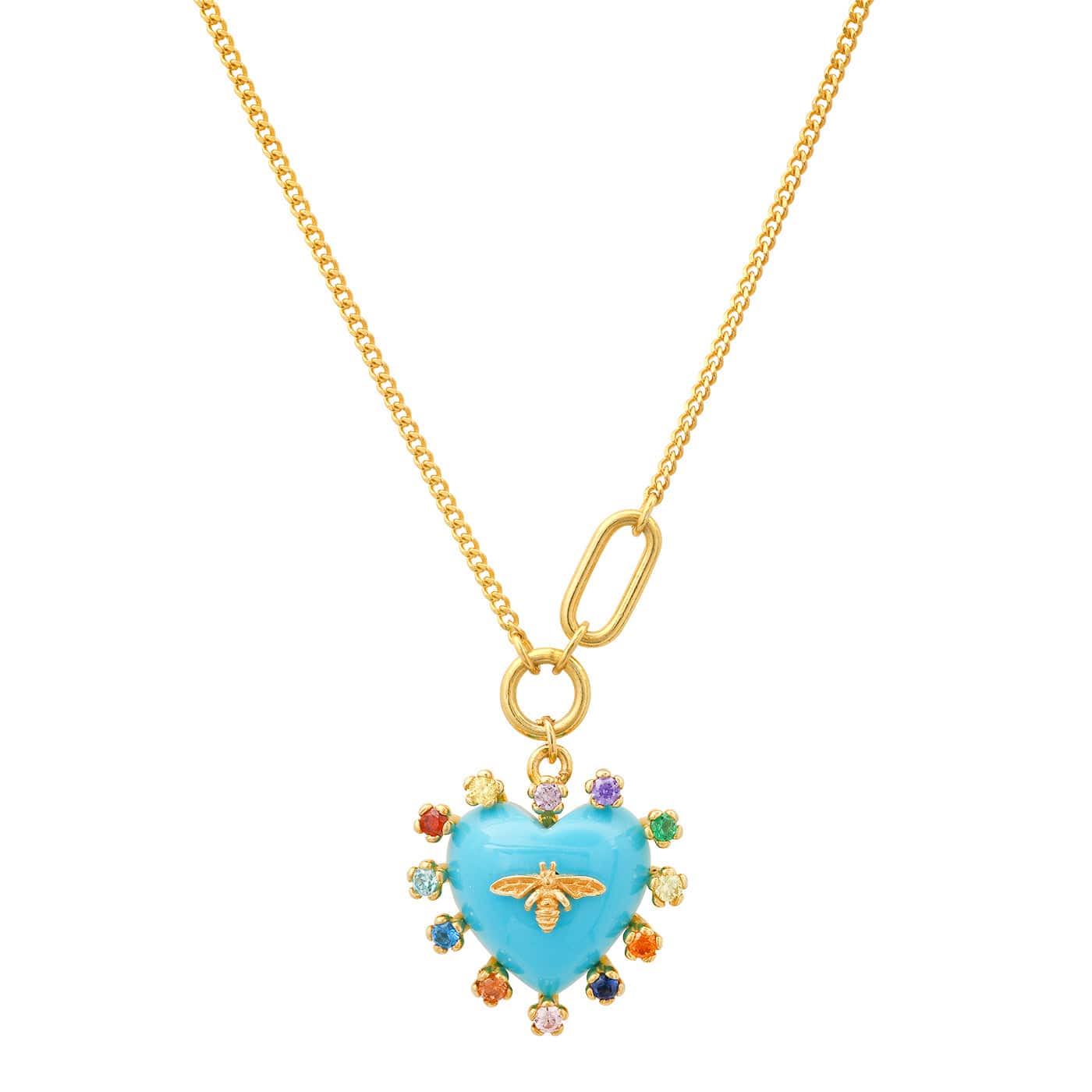 Gold heart pendant necklace with turquoise blue enamel bee and colorful bead halo