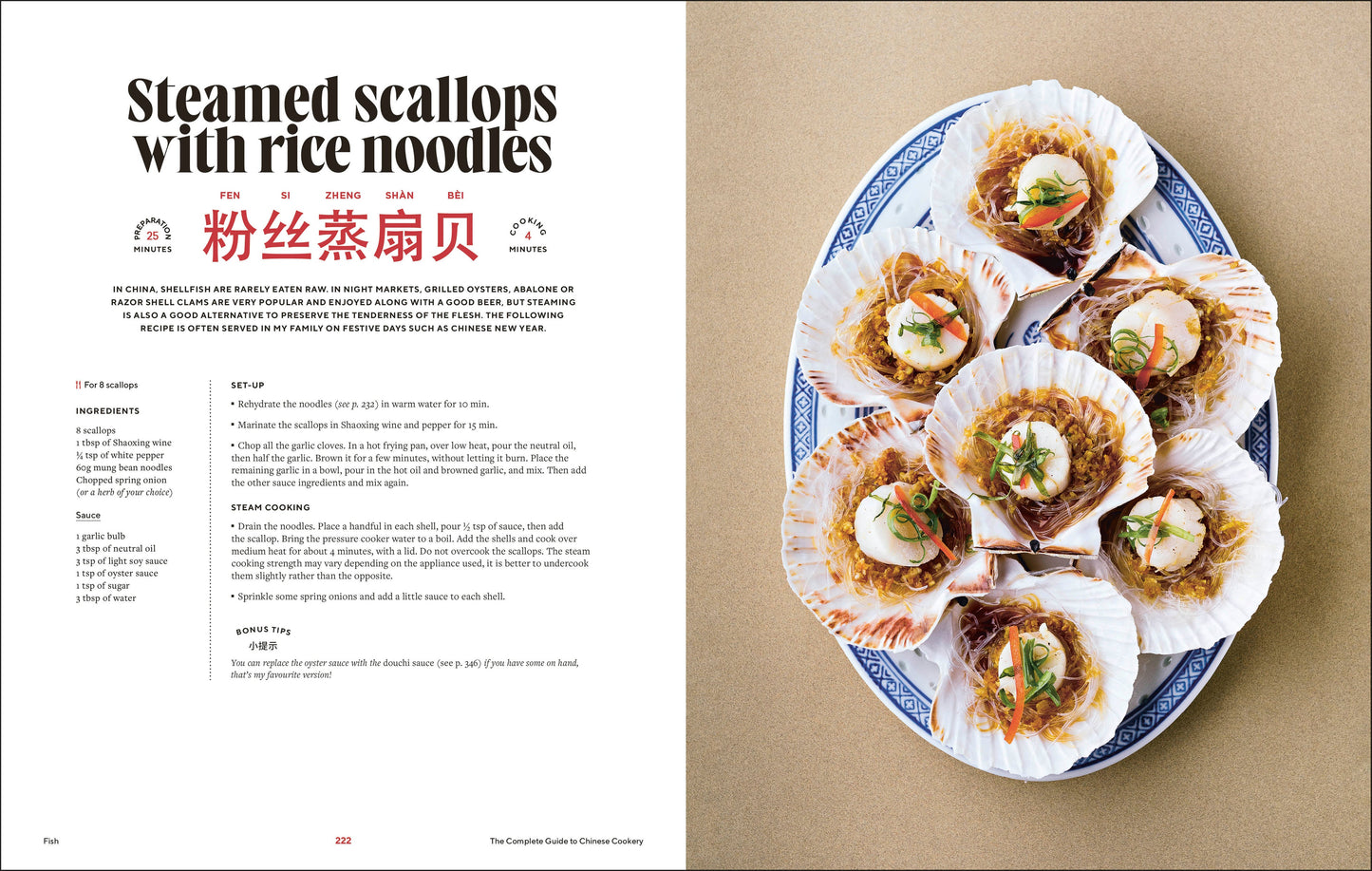 Cooking cookbook spread with steamed scallops with rice noodles recipe and plated scallops.