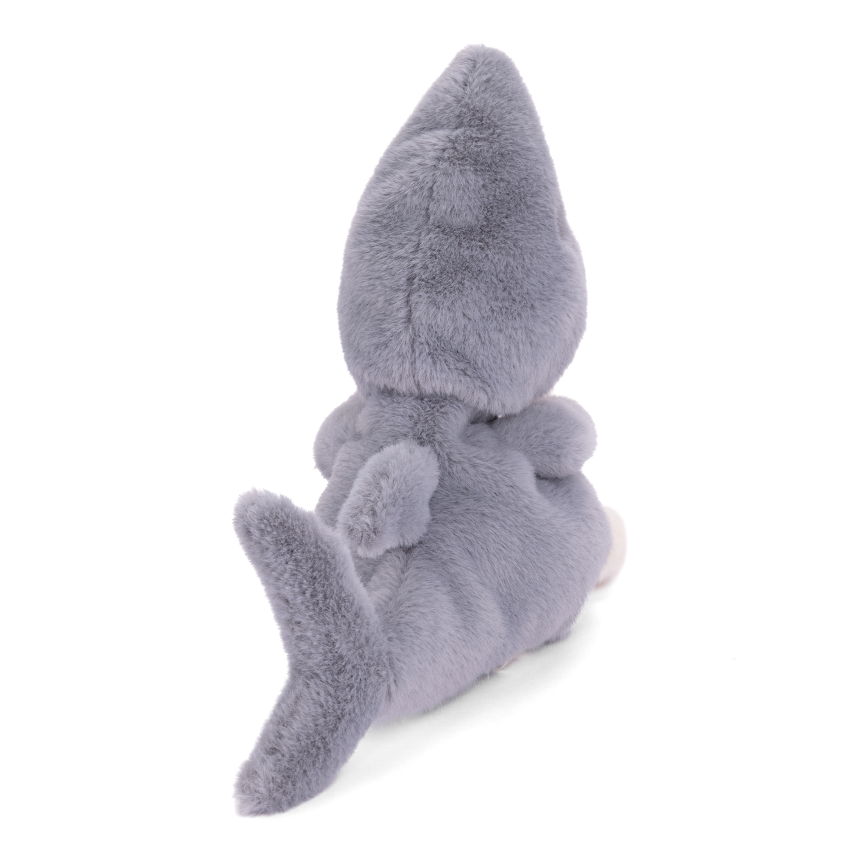 Grey shark plush with pointed hood and long tail, side pose with bow detail
