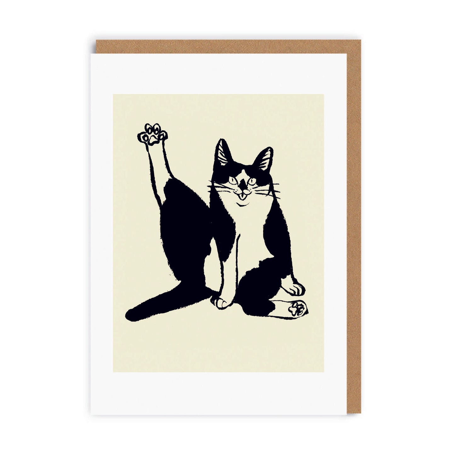 Cat pose greeting card with black cat illustration on cream insert