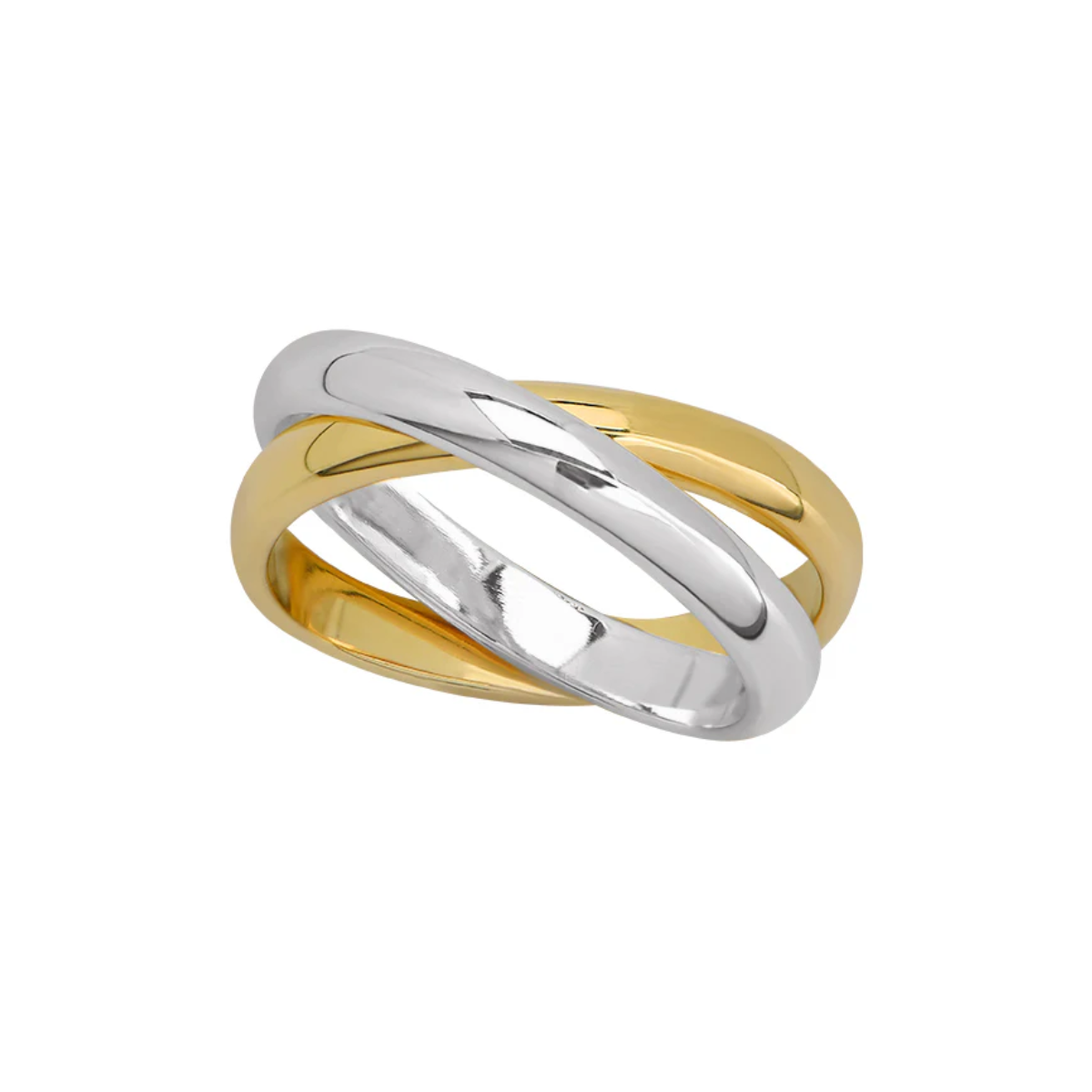 Mixed-metal double band ring with gold and silver bands, shiny polished finish
