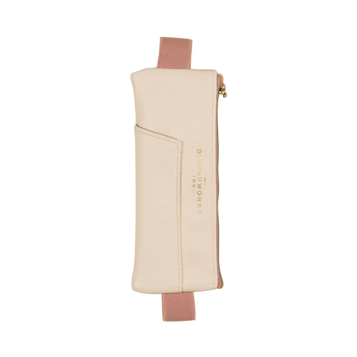 Cream vegan leather pen pouch with taupe elastic strap and top zipper