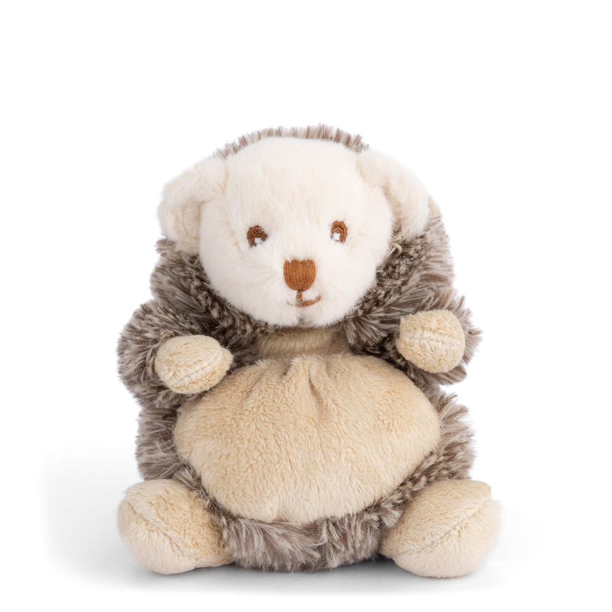Hedgehog plush toy, gray-brown body with cream face and tan belly, seated pose