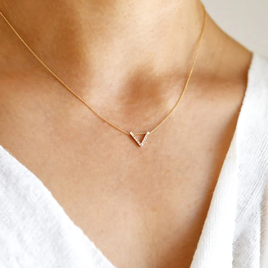 14k gold necklace with pavé diamond V-shaped pendant