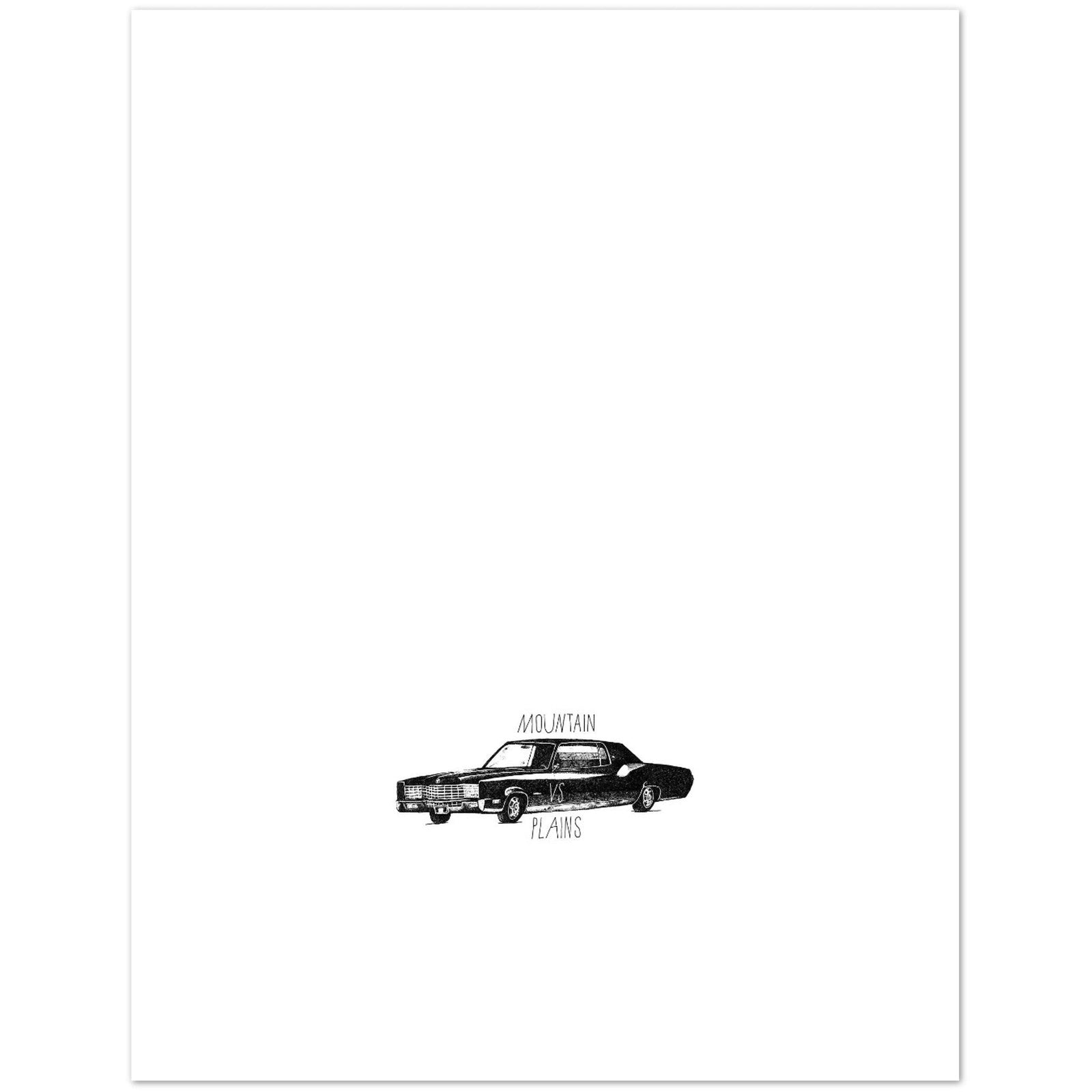 Graphic poster print with a vintage car illustration and text 'MOUNTAIN PLAINS'