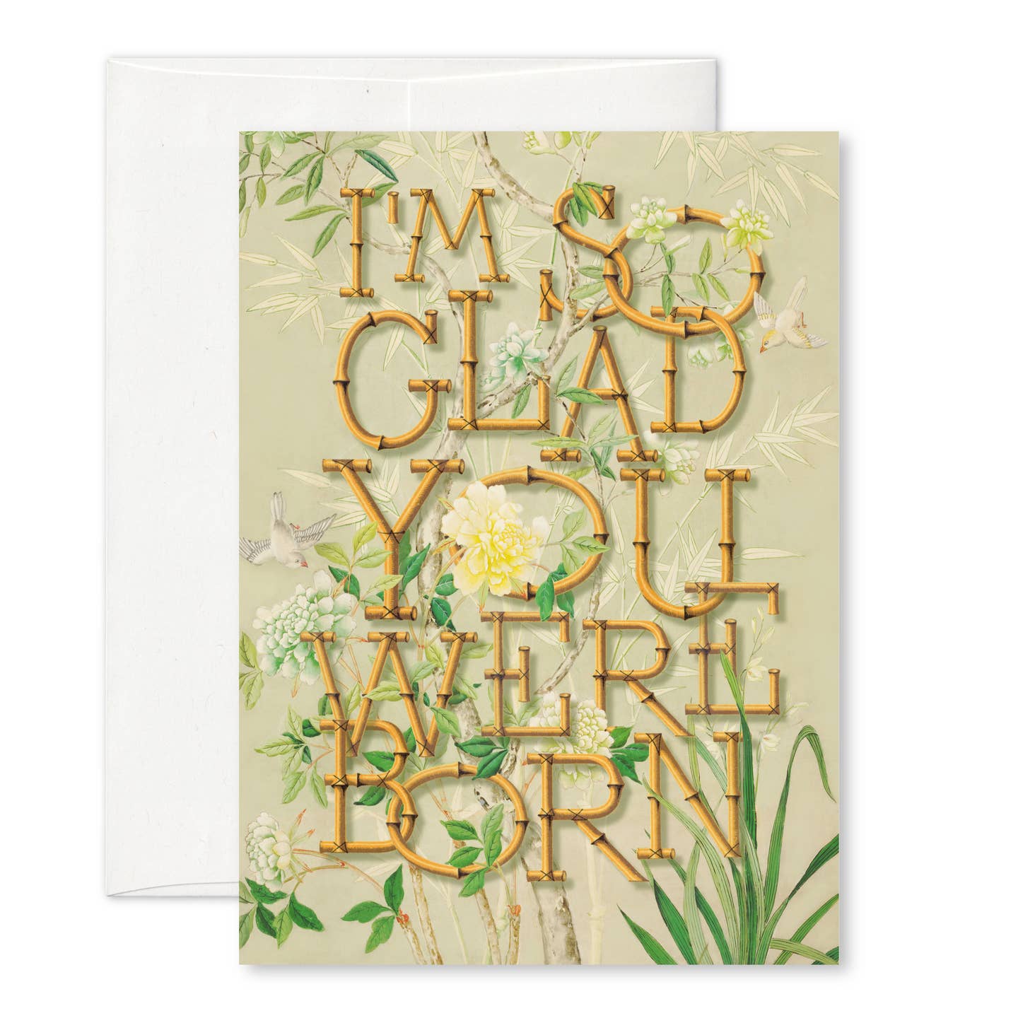 Birthday card with decorative gold-orange lettering and illustrated flowers
