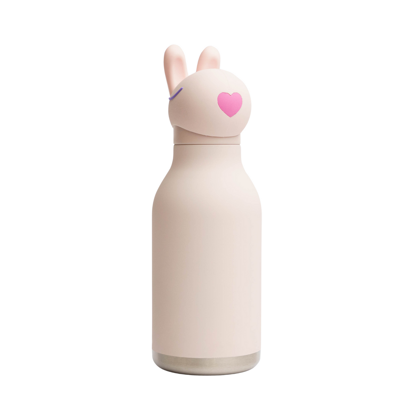 16oz bunny water bottle, cream body, pink heart on ear lid