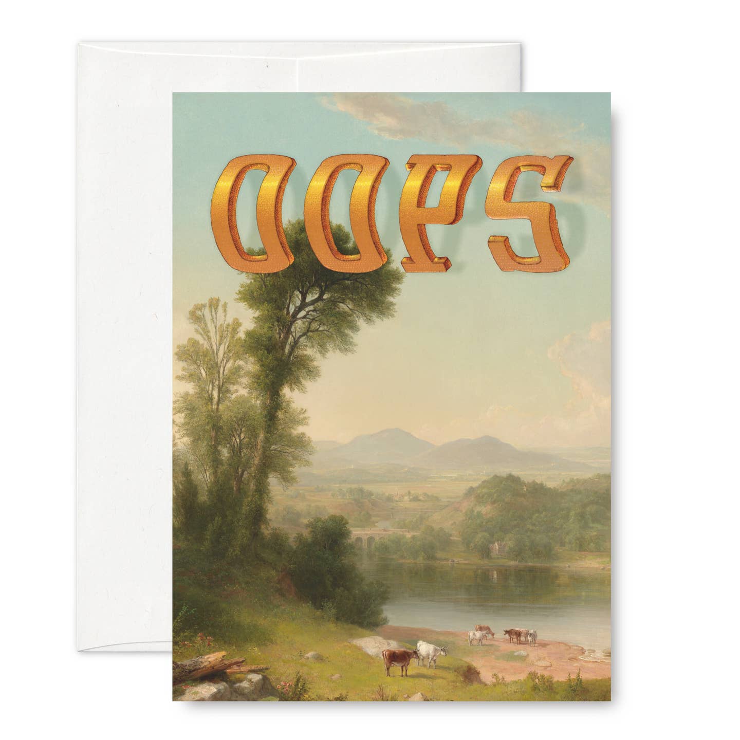 Pastoral greeting card with envelope; orange OOPS over landscape scene
