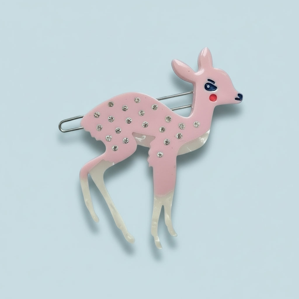 Pink deer hair clip with rhinestone dots and metal alligator clasp