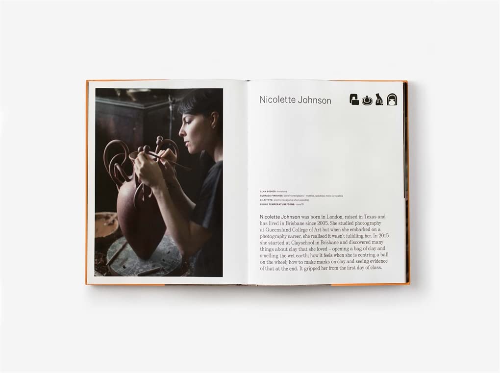 Open ceramics book with studio photo, text block, and small icons on right page