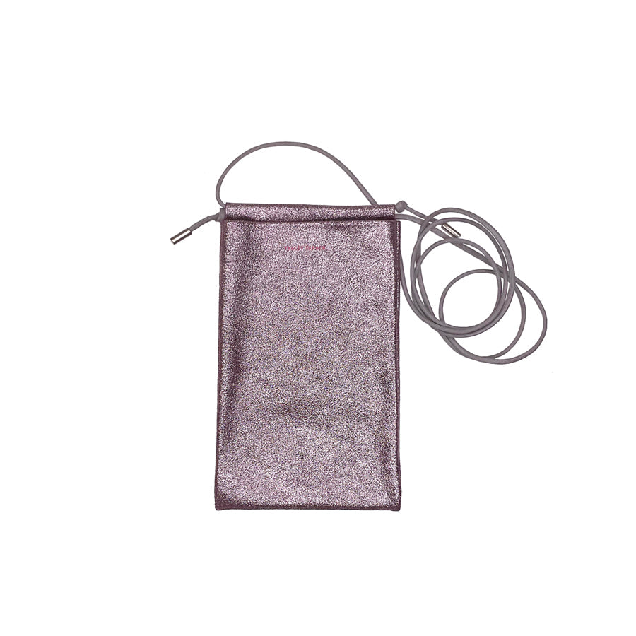 Sparkly lavender crossbody phone pouch with top handle and adjustable strap
